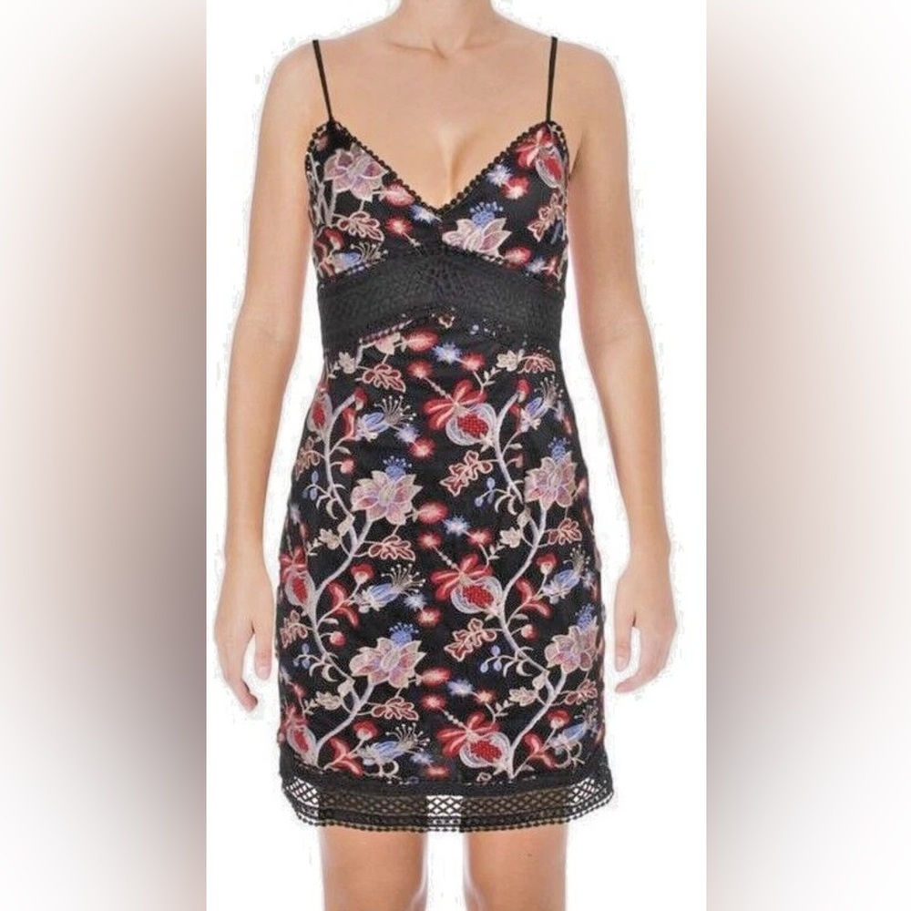 Aqua black embroidered floral dress, small
